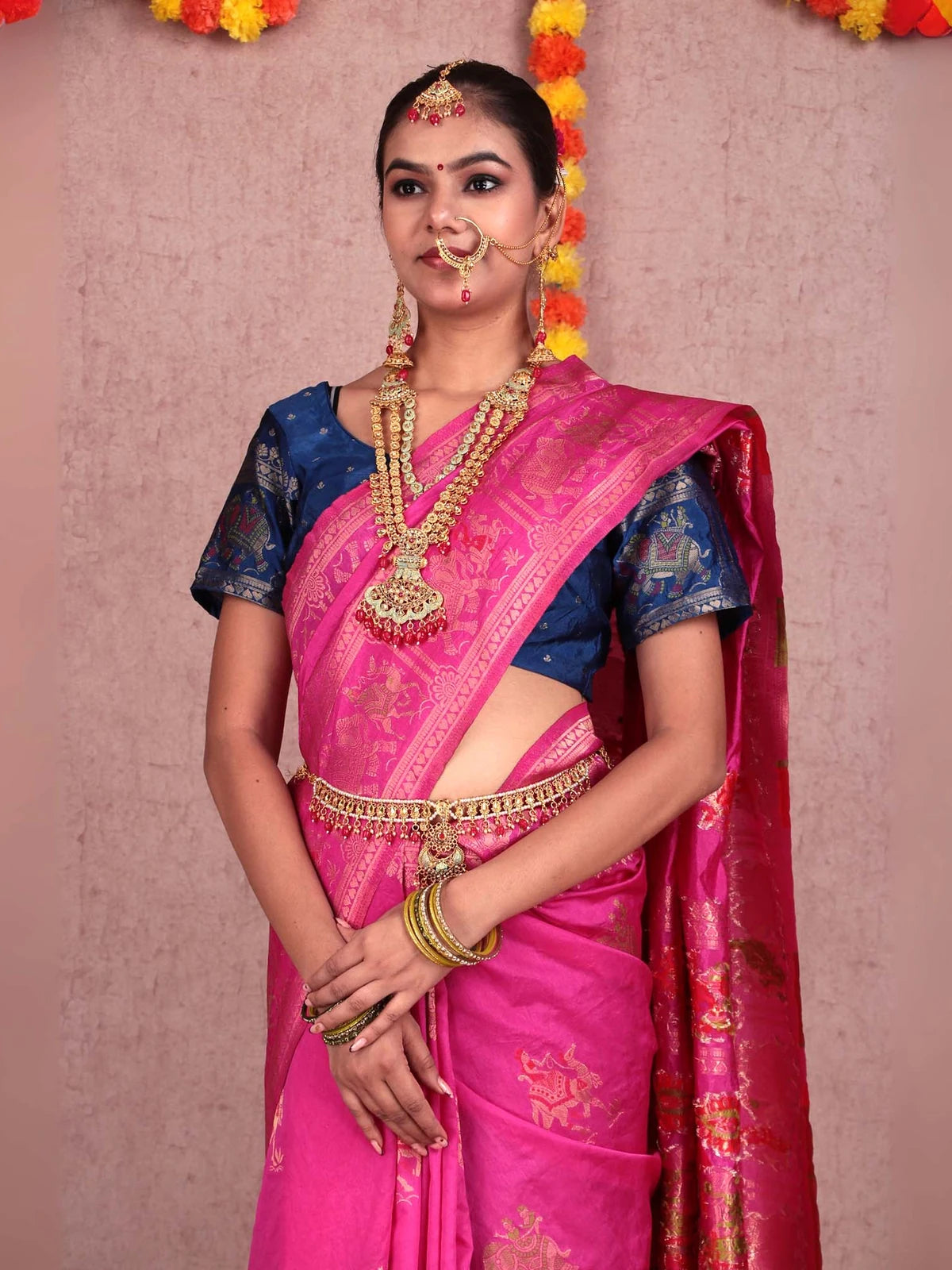 Rani Pink Dola Silk Saree with Zari Weaving