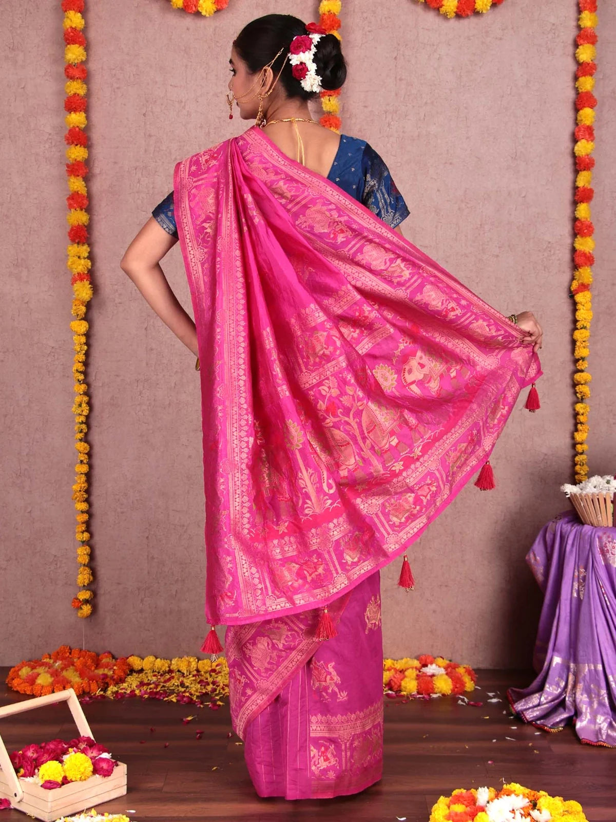 Rani Pink Dola Silk Saree with Zari Weaving