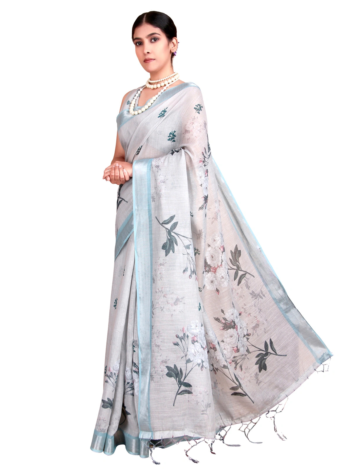 Pastel Green Floral Digital Print Linen Cotton Saree with Blouse