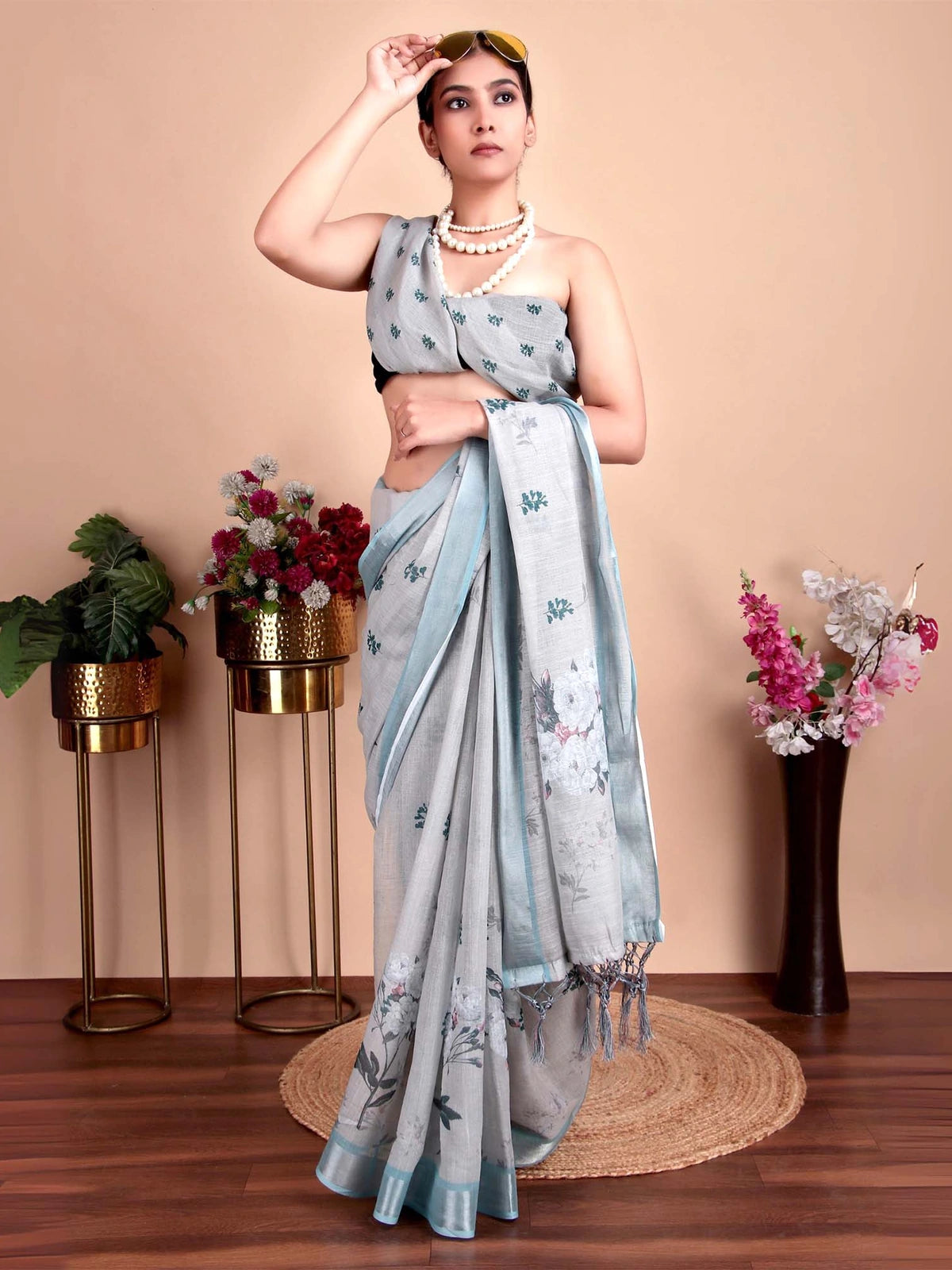 Pastel Green Floral Digital Print Linen Cotton Saree with Blouse