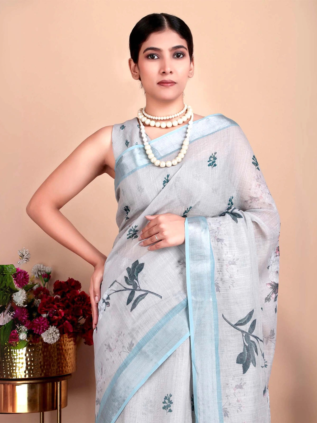 Pastel Green Floral Digital Print Linen Cotton Saree with Blouse