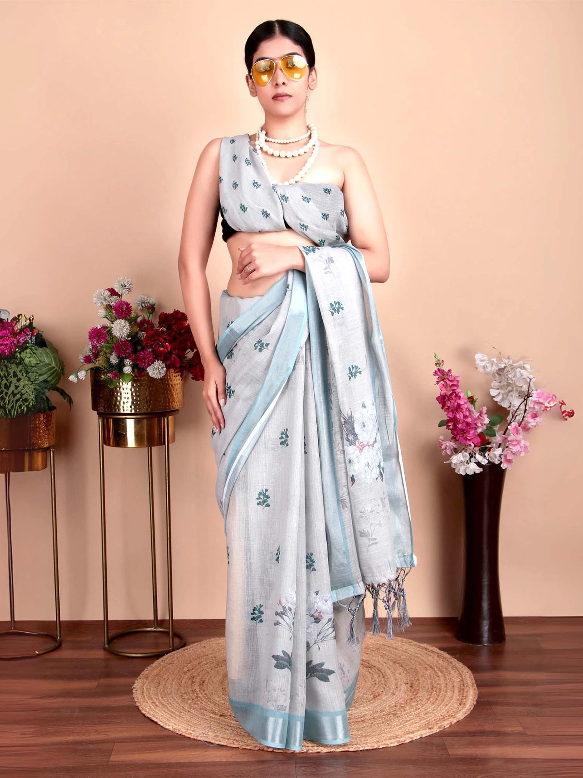 Pastel Green Floral Digital Print Linen Cotton Saree with Blouse