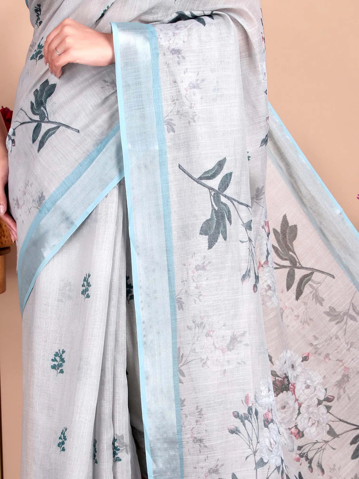 Pastel Green Floral Digital Print Linen Cotton Saree with Blouse