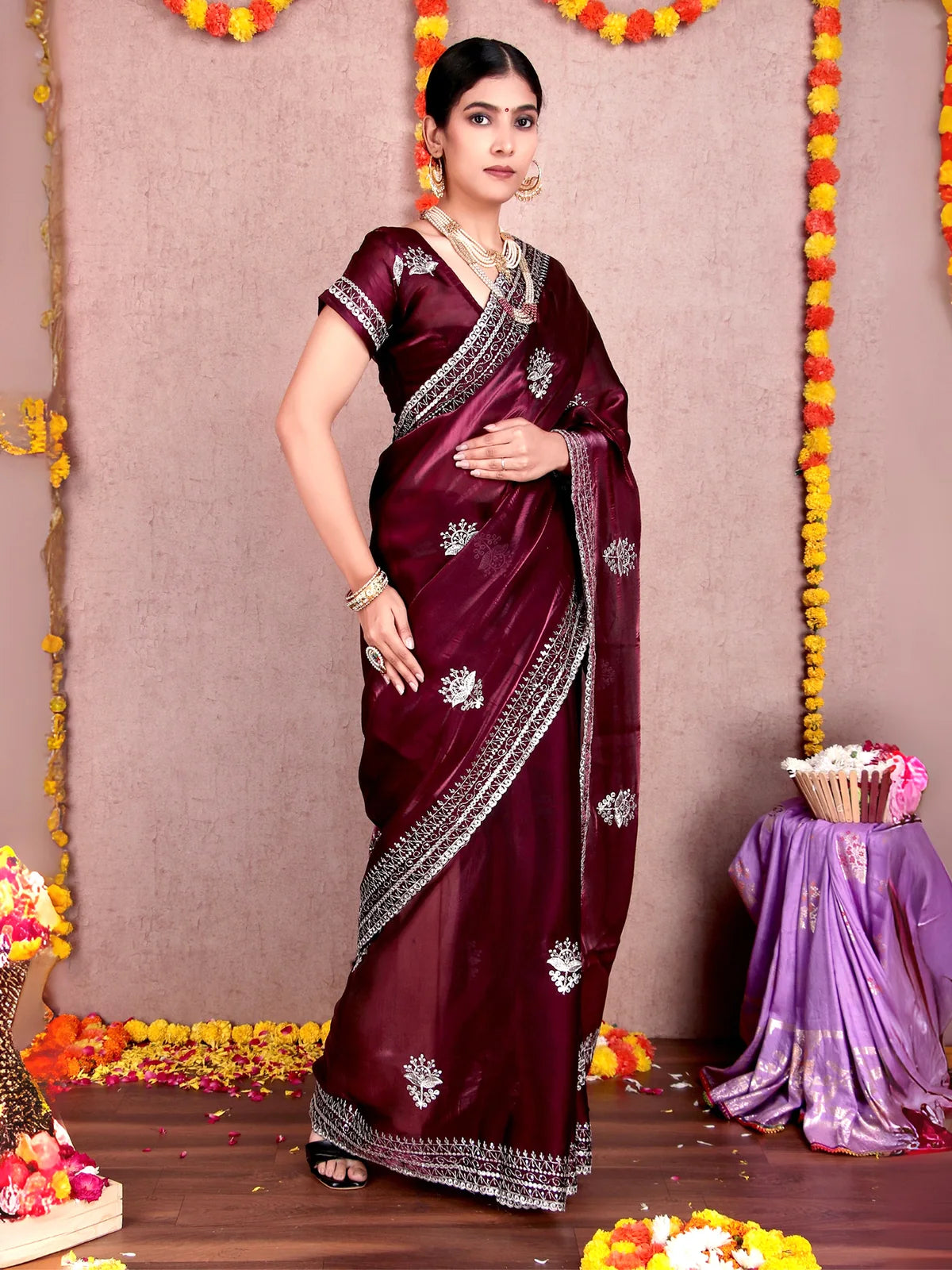 Wine Shimmer Satin Chiffon Saree with Embroidery