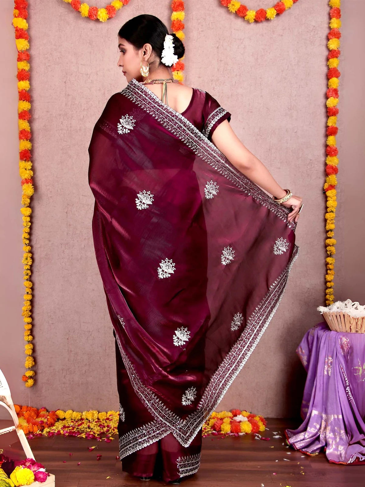 Wine Shimmer Satin Chiffon Saree with Embroidery