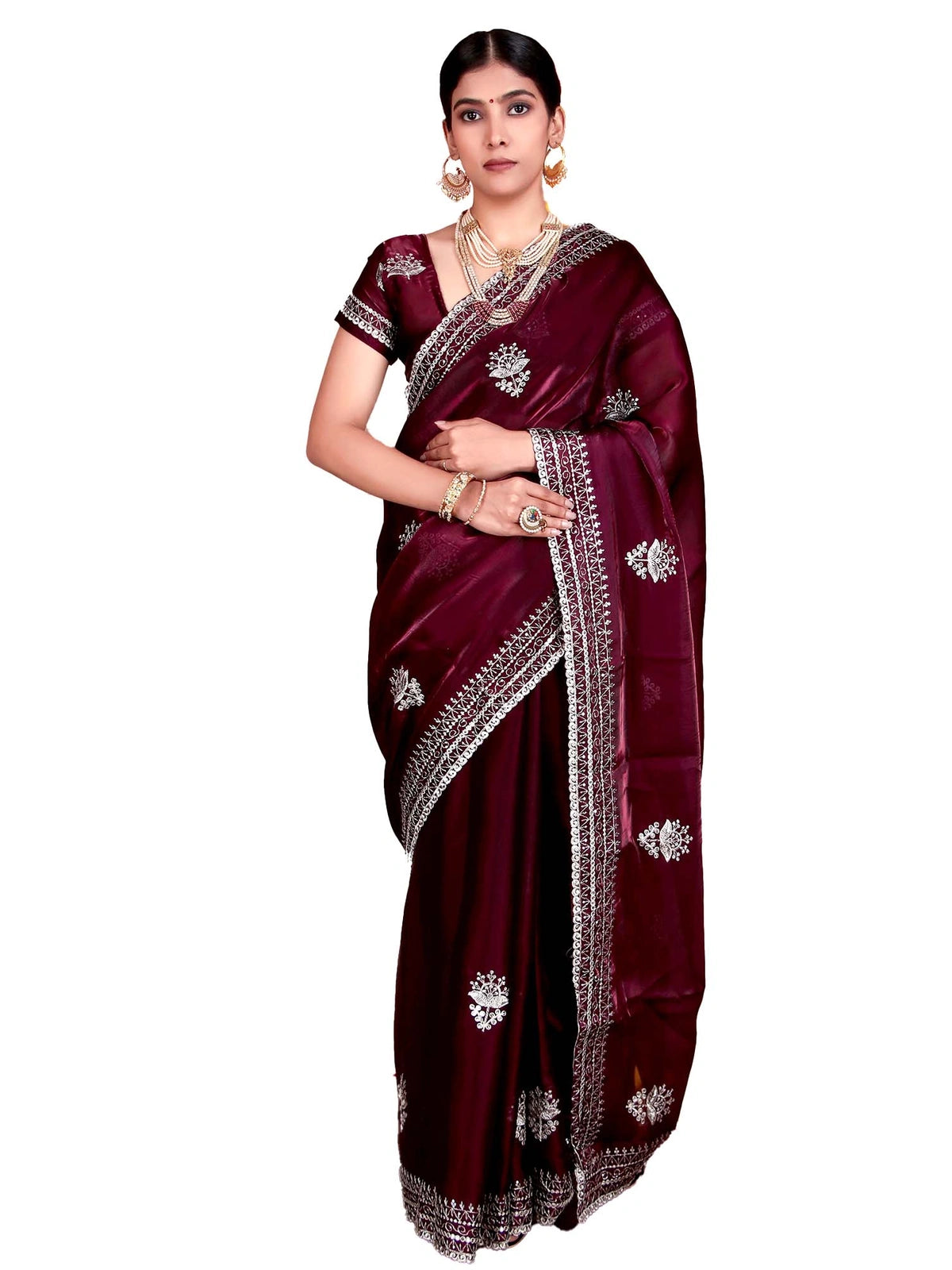 Wine Shimmer Satin Chiffon Saree with Embroidery