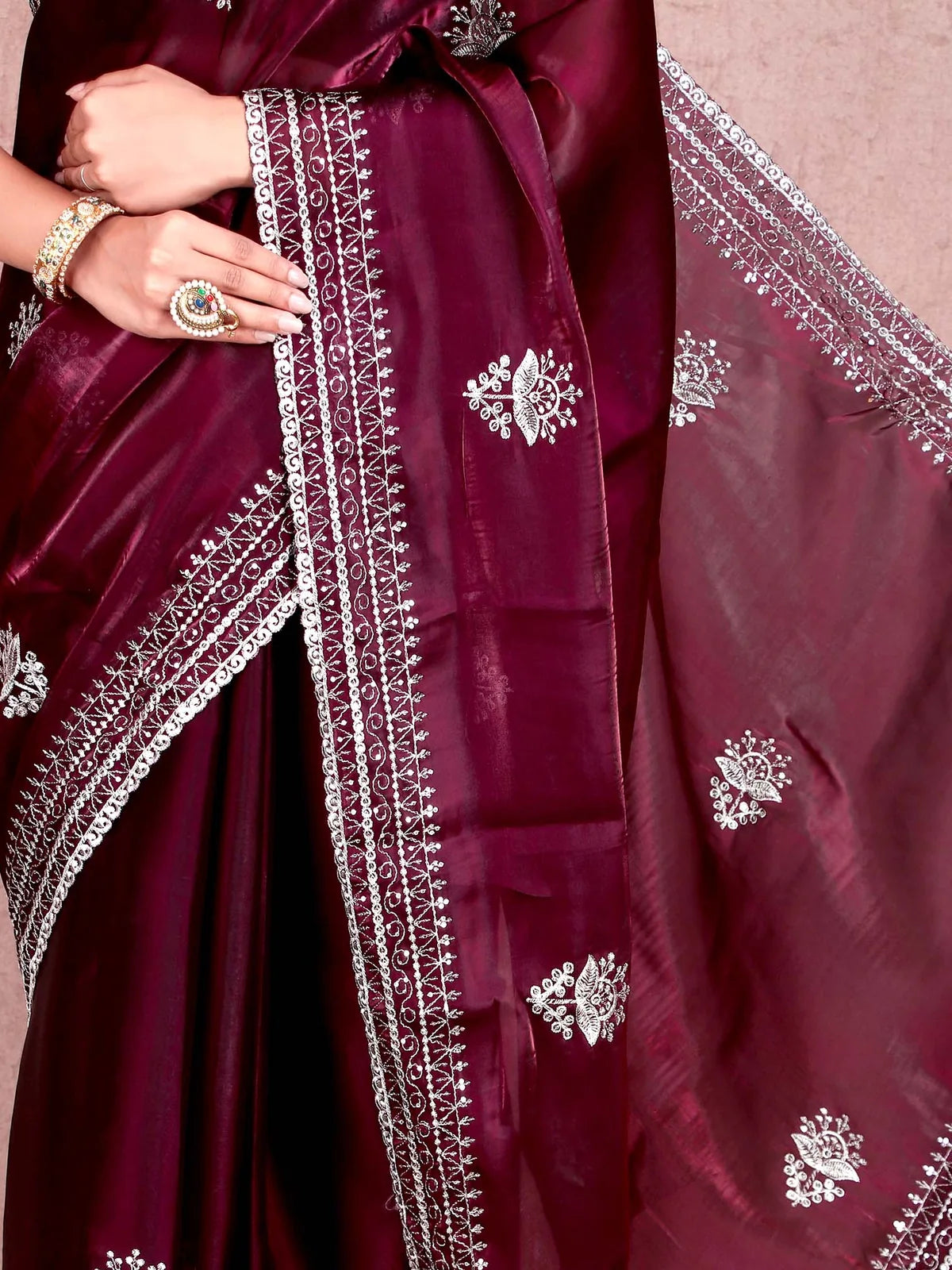 Wine Shimmer Satin Chiffon Saree with Embroidery