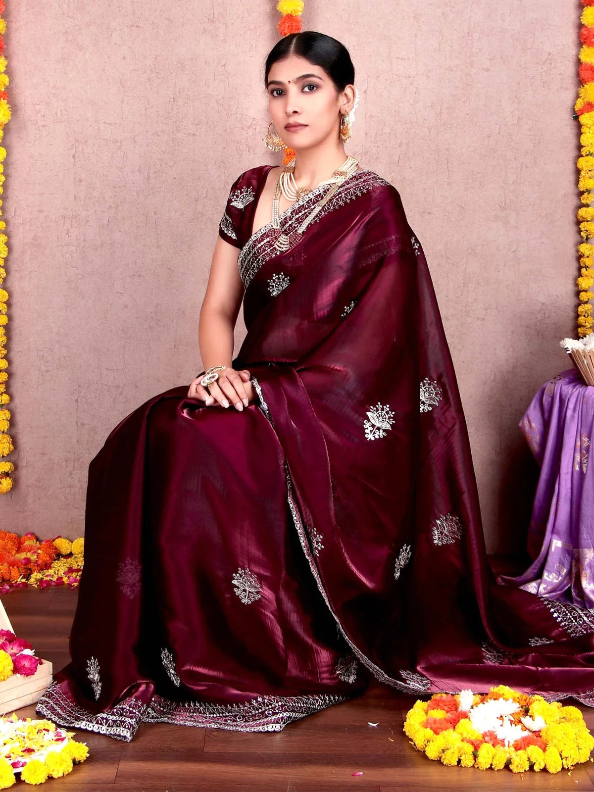 Wine Shimmer Satin Chiffon Saree with Embroidery