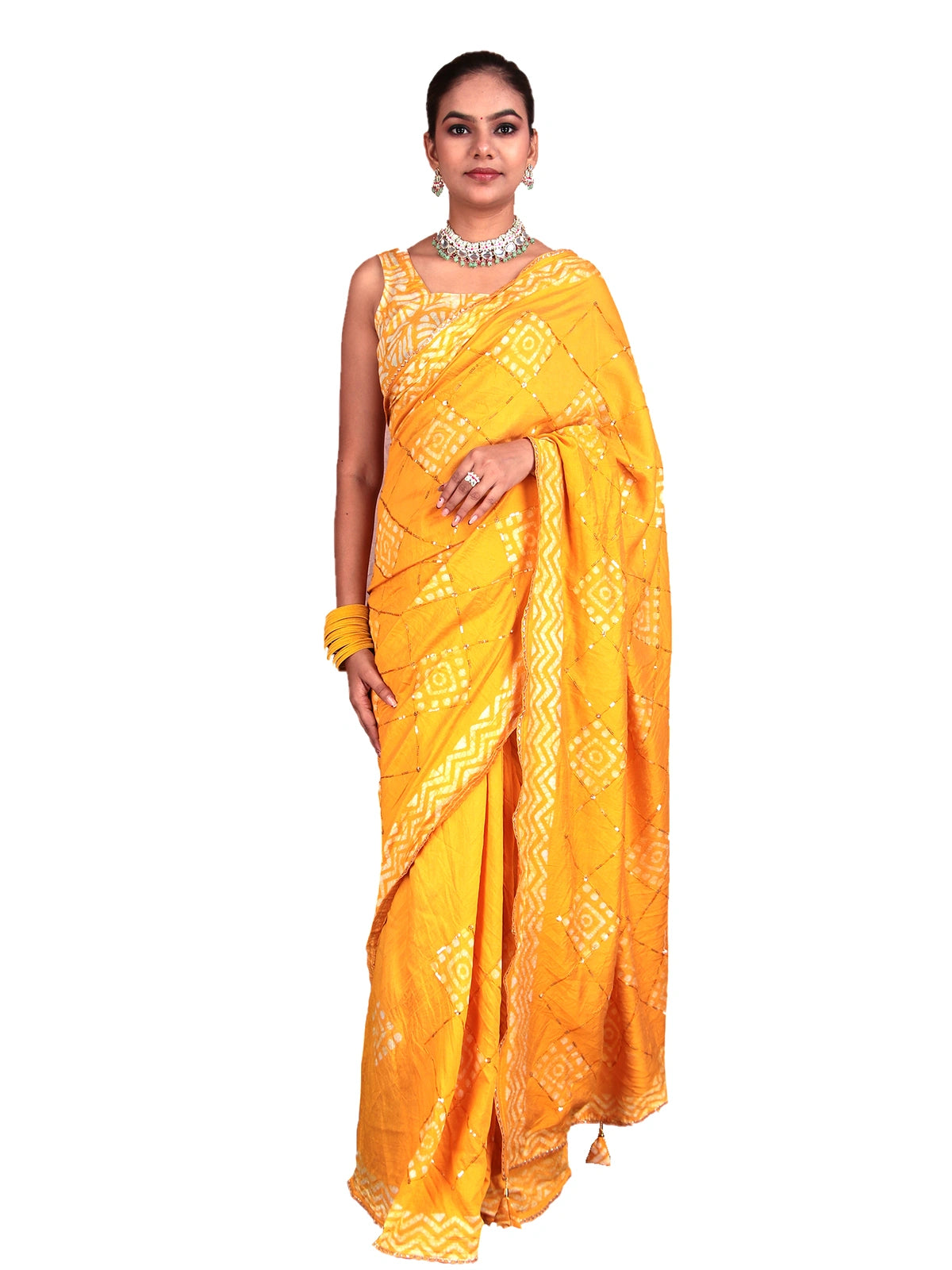 Yellow Batik Print Soft Cotton Saree with Sequin Detail