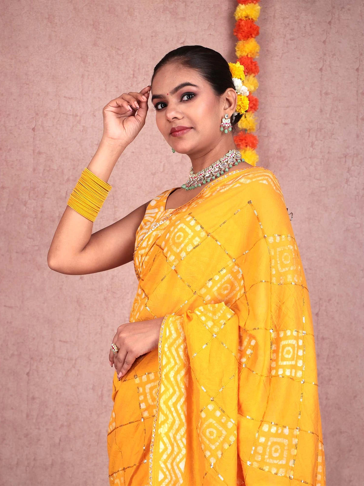 Yellow Batik Print Soft Cotton Saree with Sequin Detail
