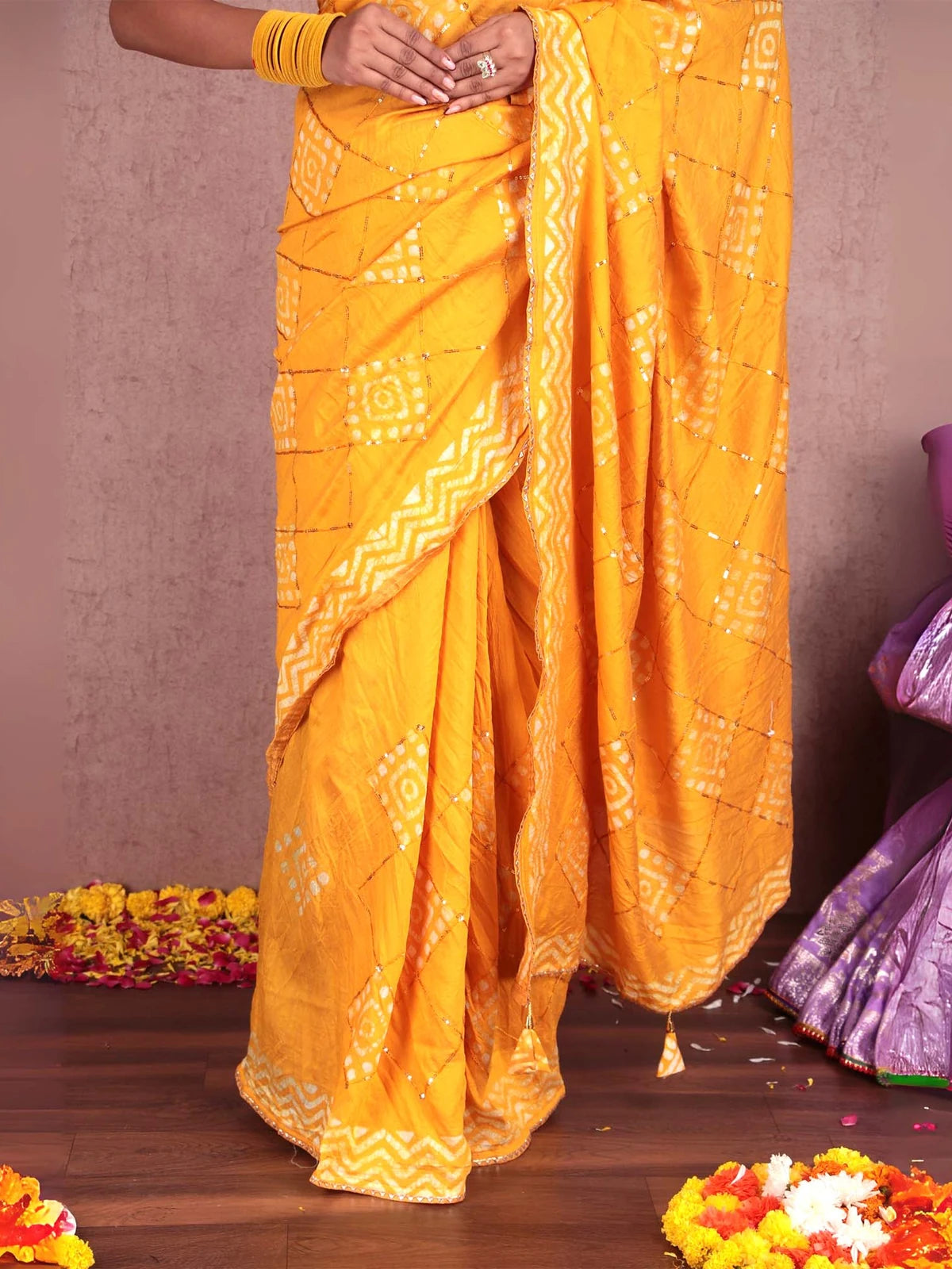 Yellow Batik Print Soft Cotton Saree with Sequin Detail