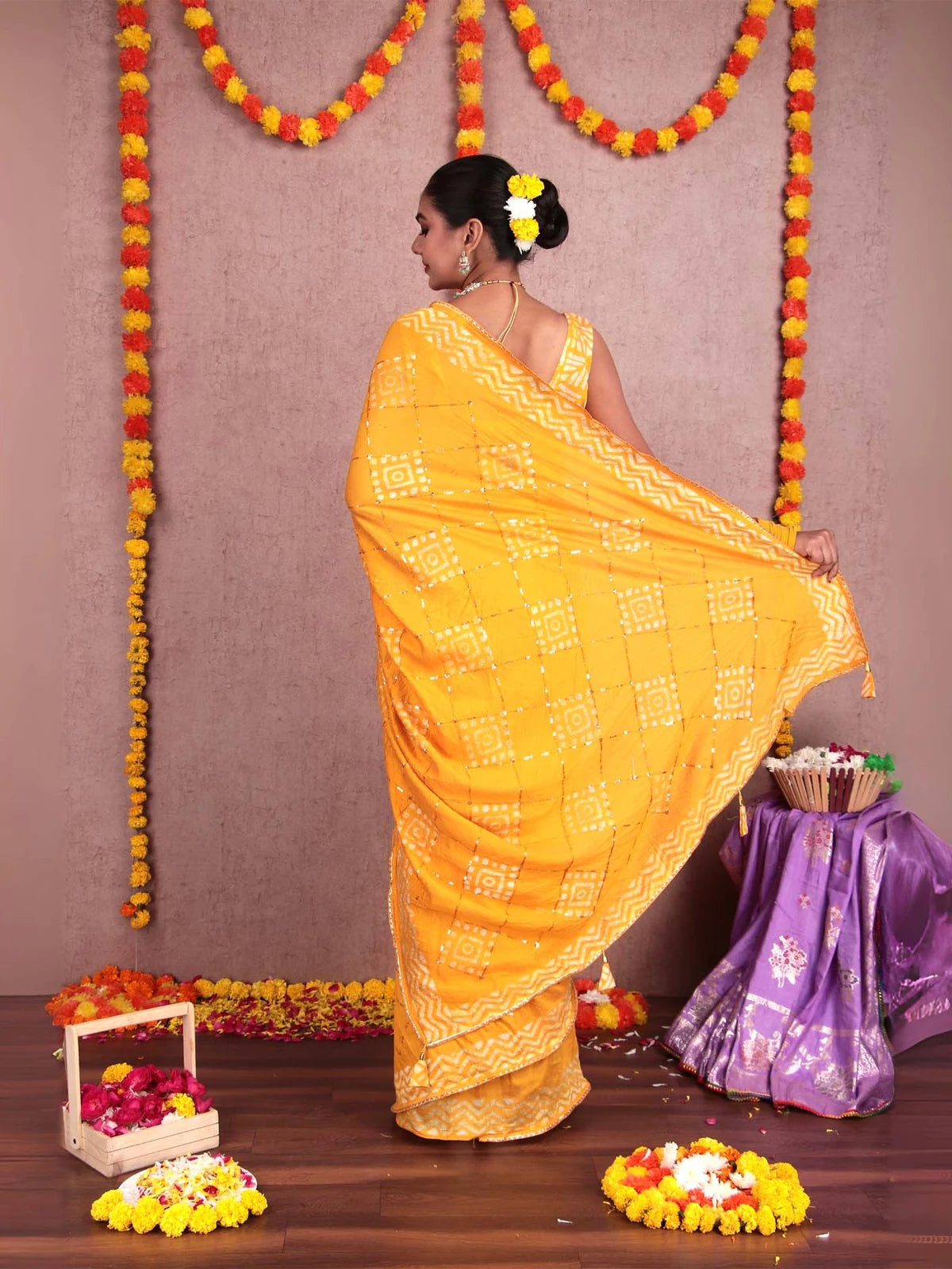 Yellow Batik Print Soft Cotton Saree with Sequin Detail