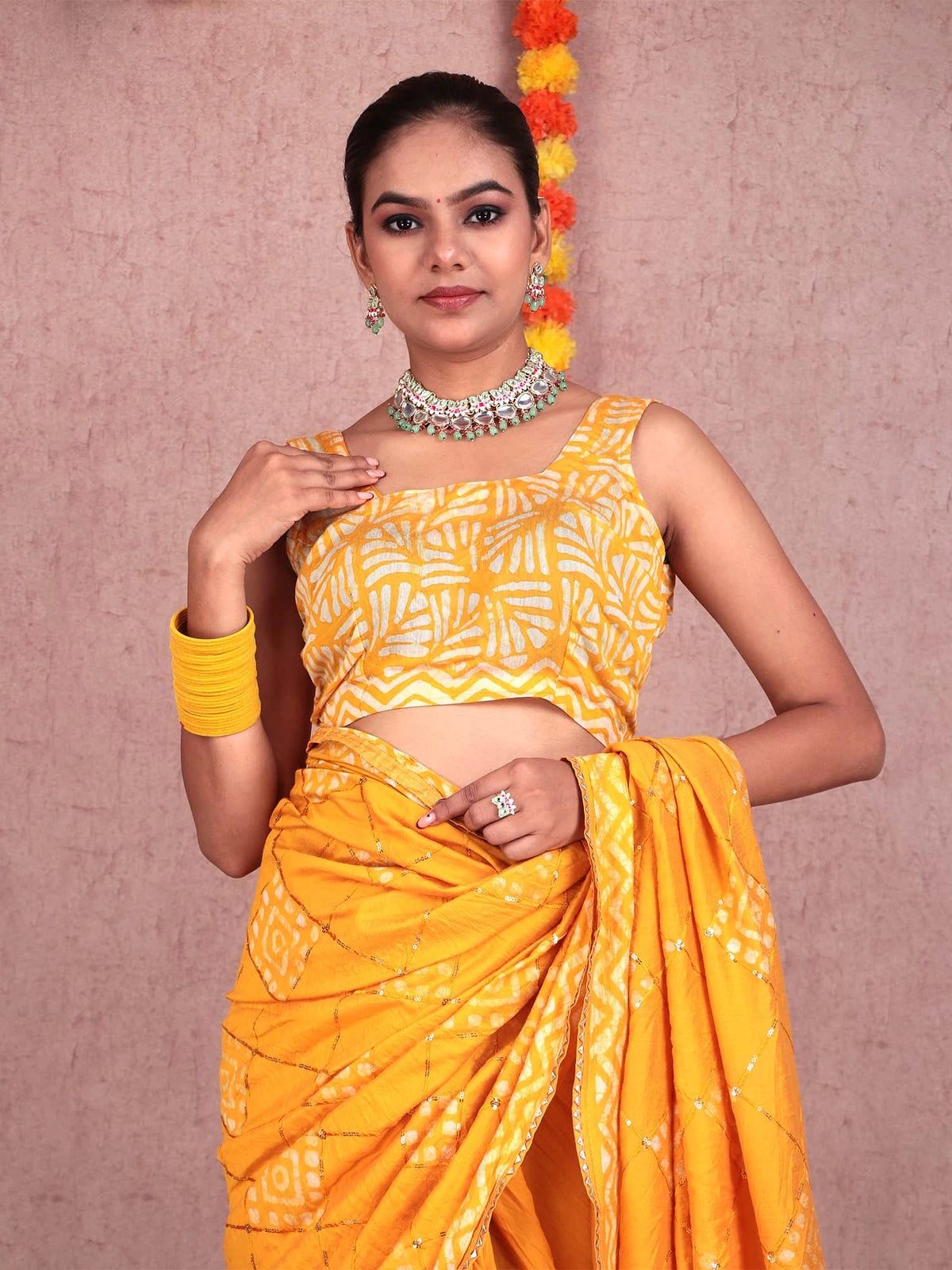 Yellow Batik Print Soft Cotton Saree with Sequin Detail