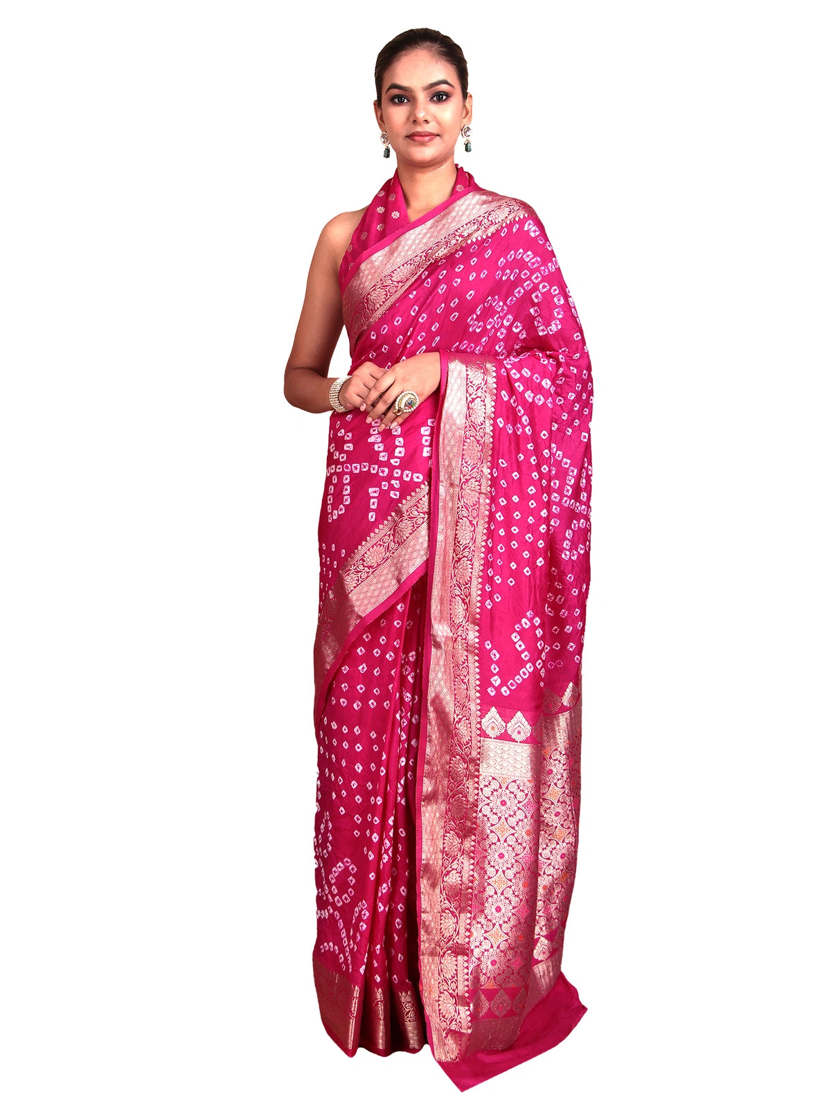 Pink Hand Bandhej Silk Saree with Zari Weaving