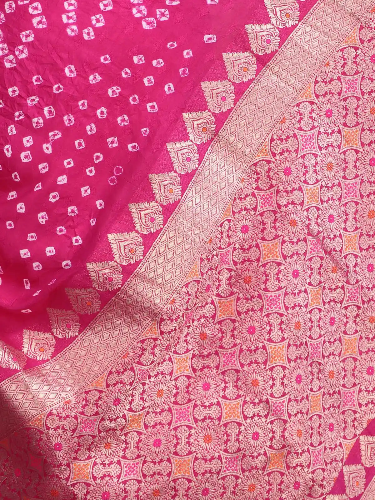 Pink Hand Bandhej Silk Saree with Zari Weaving
