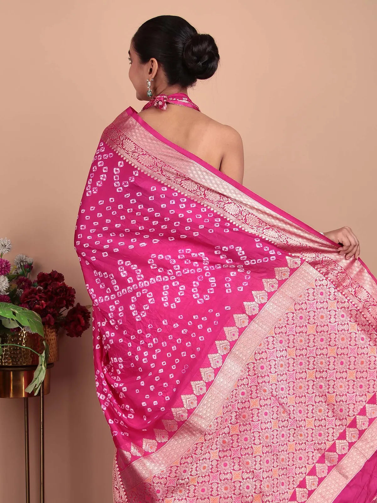 Pink Hand Bandhej Silk Saree with Zari Weaving
