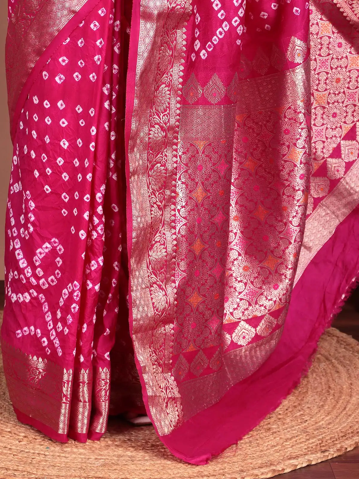 Pink Hand Bandhej Silk Saree with Zari Weaving