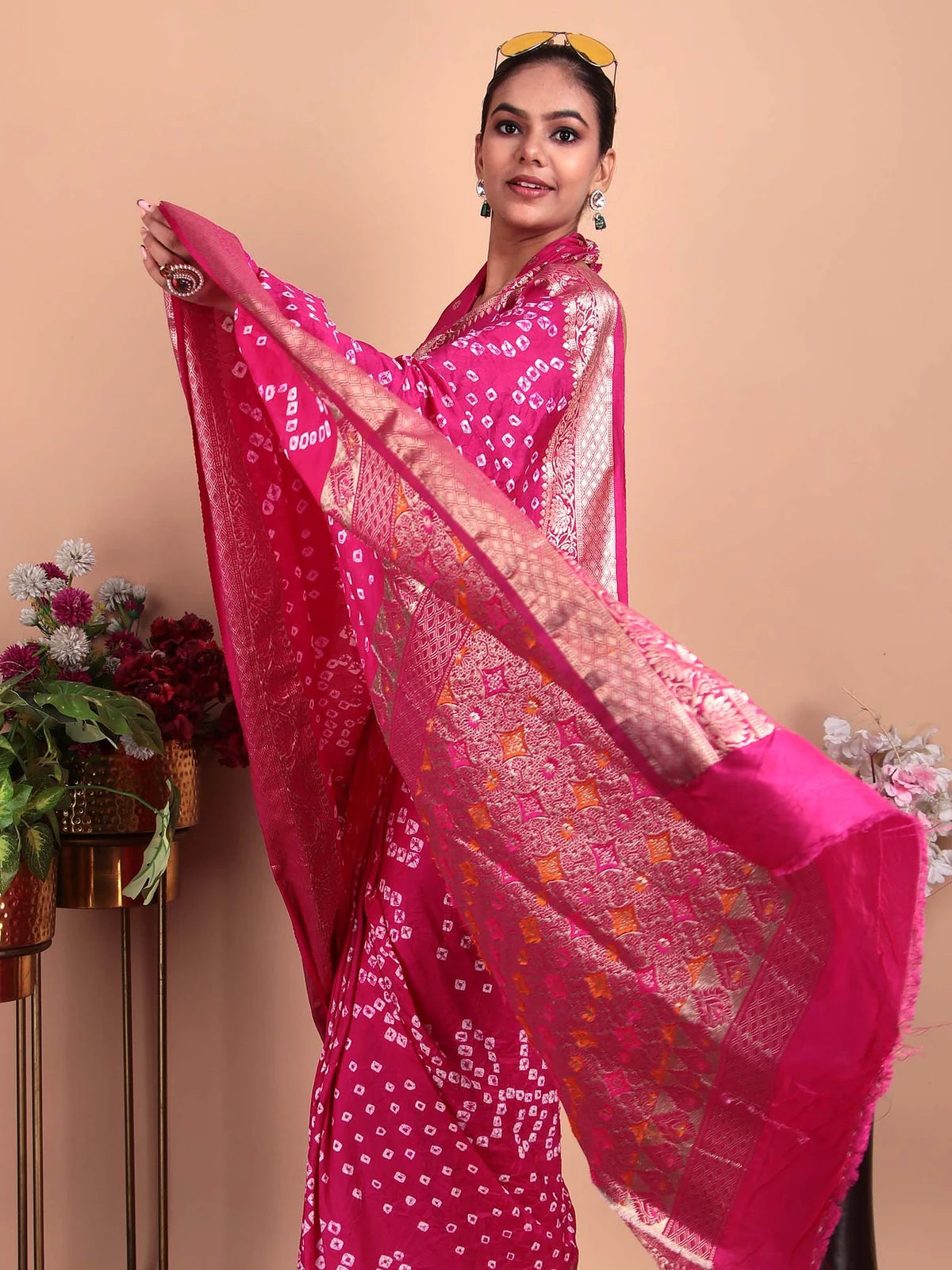 Pink Hand Bandhej Silk Saree with Zari Weaving