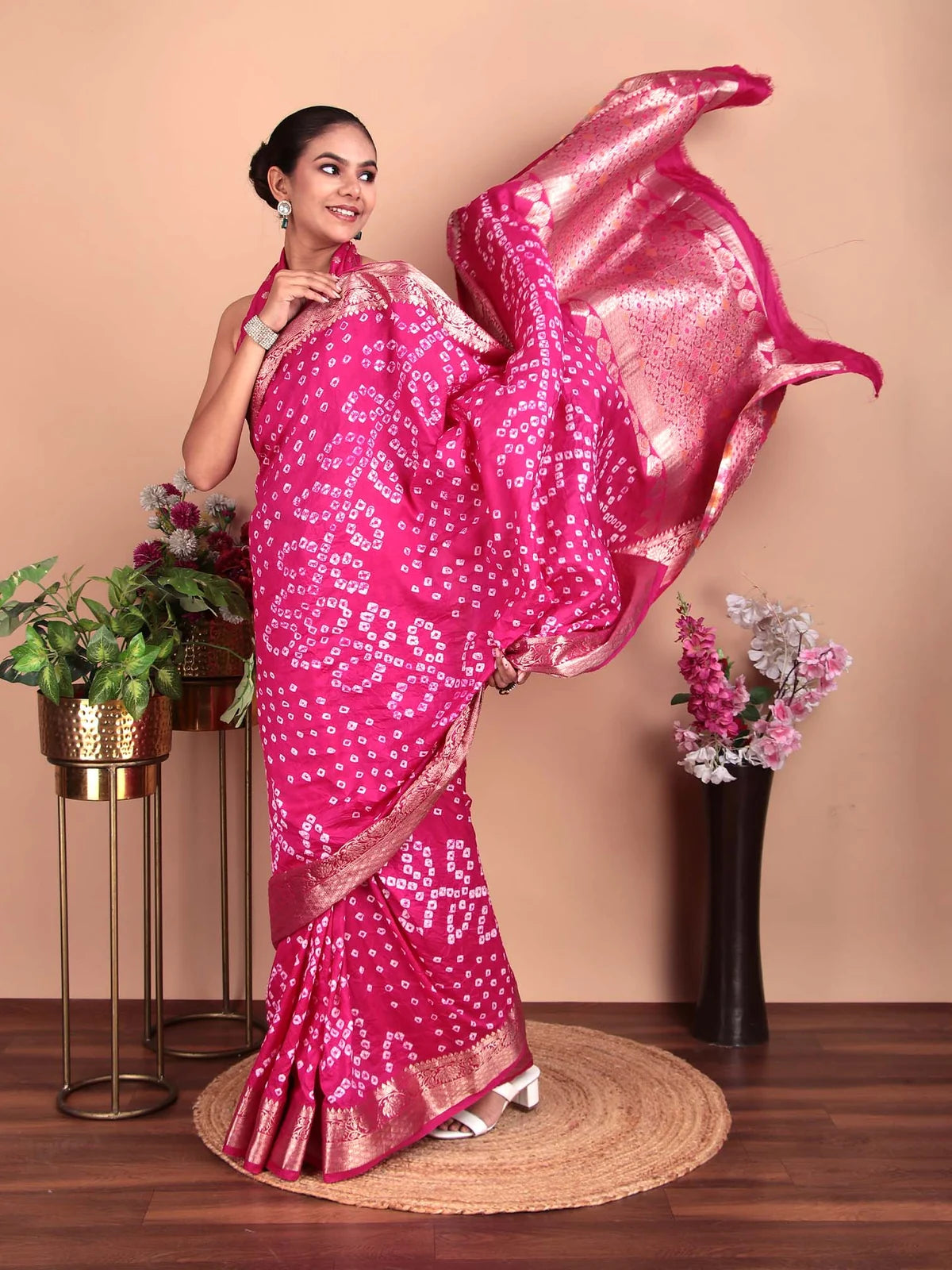 Pink Hand Bandhej Silk Saree with Zari Weaving