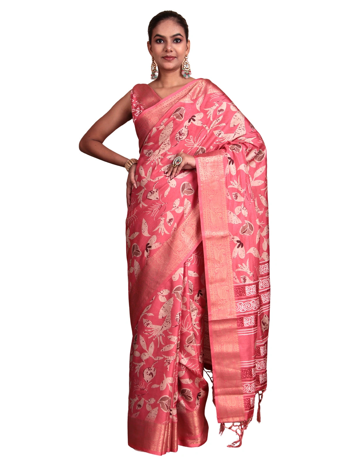 Pink Floral Woven Motifs Tussar Silk Saree with Zari Touch