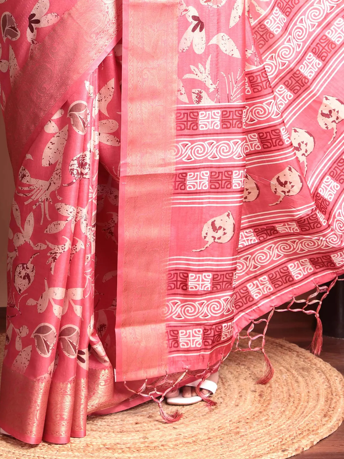Pink Floral Woven Motifs Tussar Silk Saree with Zari Touch