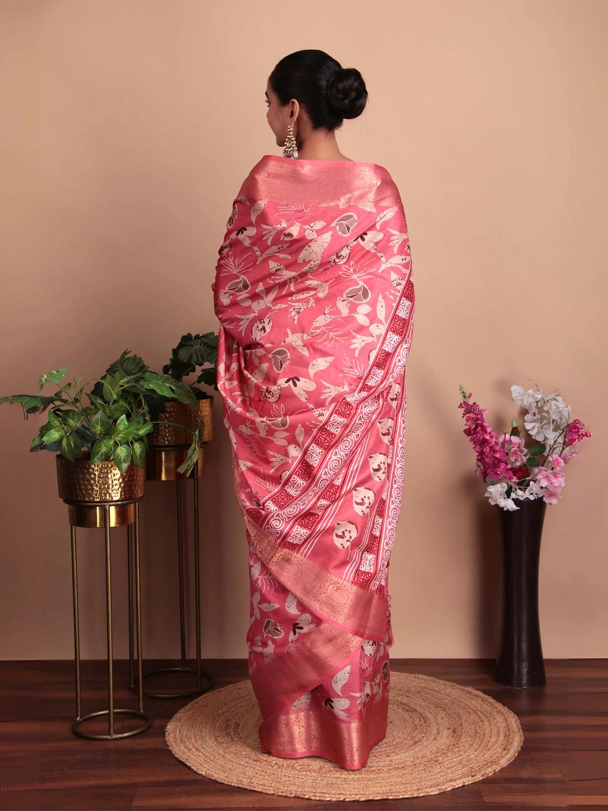 Pink Floral Woven Motifs Tussar Silk Saree with Zari Touch