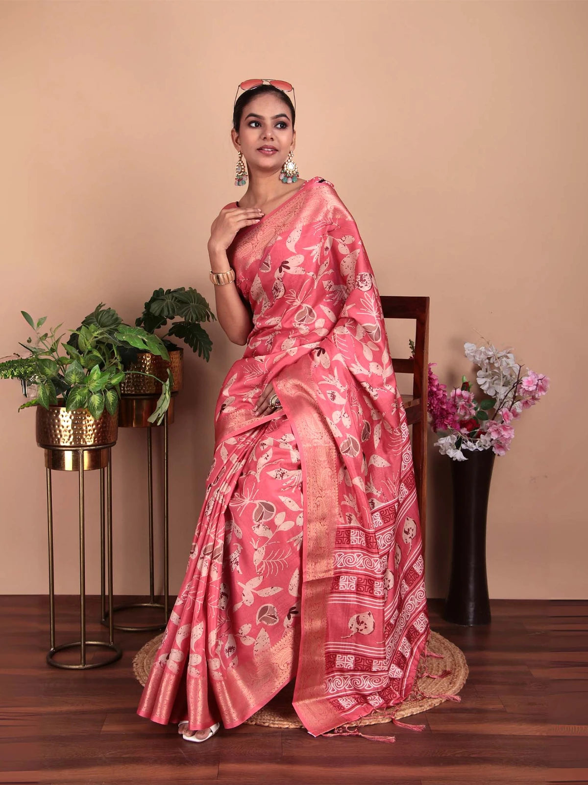 Pink Floral Woven Motifs Tussar Silk Saree with Zari Touch