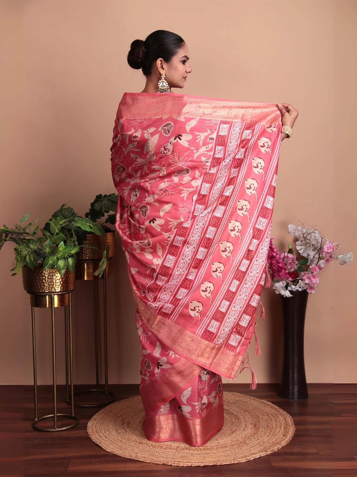 Pink Floral Woven Motifs Tussar Silk Saree with Zari Touch