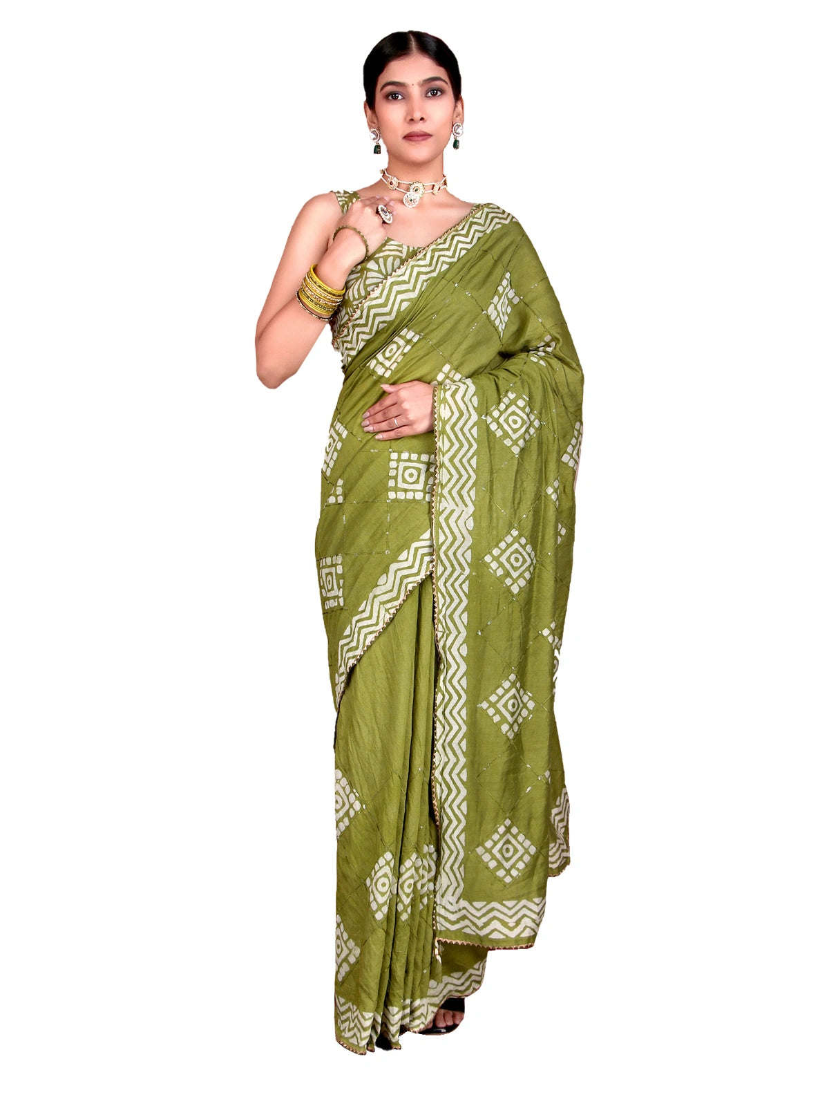 Mehendi Green Batik Print Soft Cotton Saree with Sequin Detail