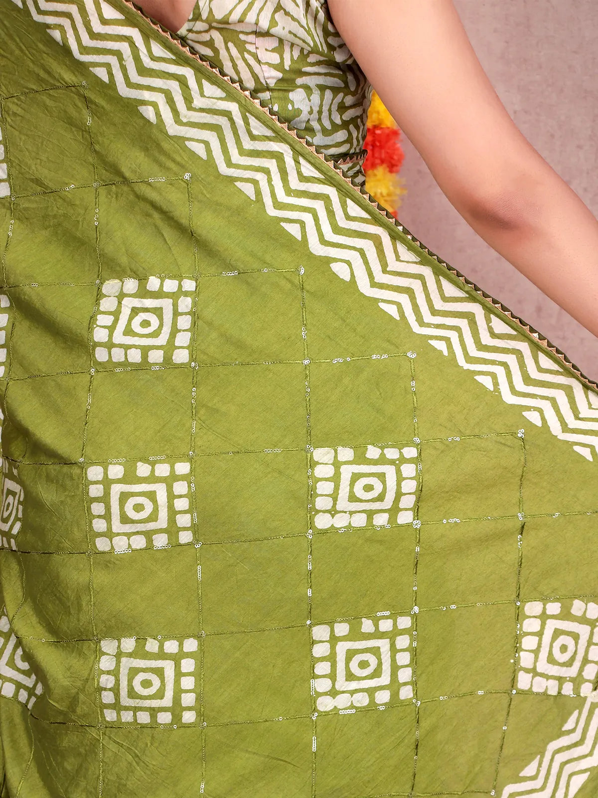 Mehendi Green Batik Print Soft Cotton Saree with Sequin Detail