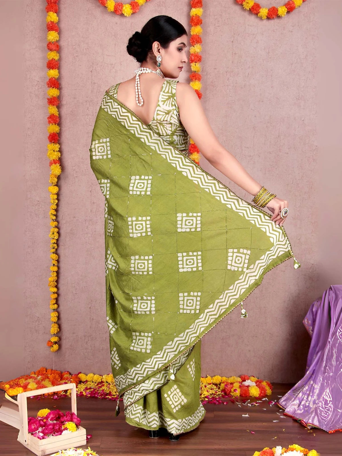 Mehendi Green Batik Print Soft Cotton Saree with Sequin Detail