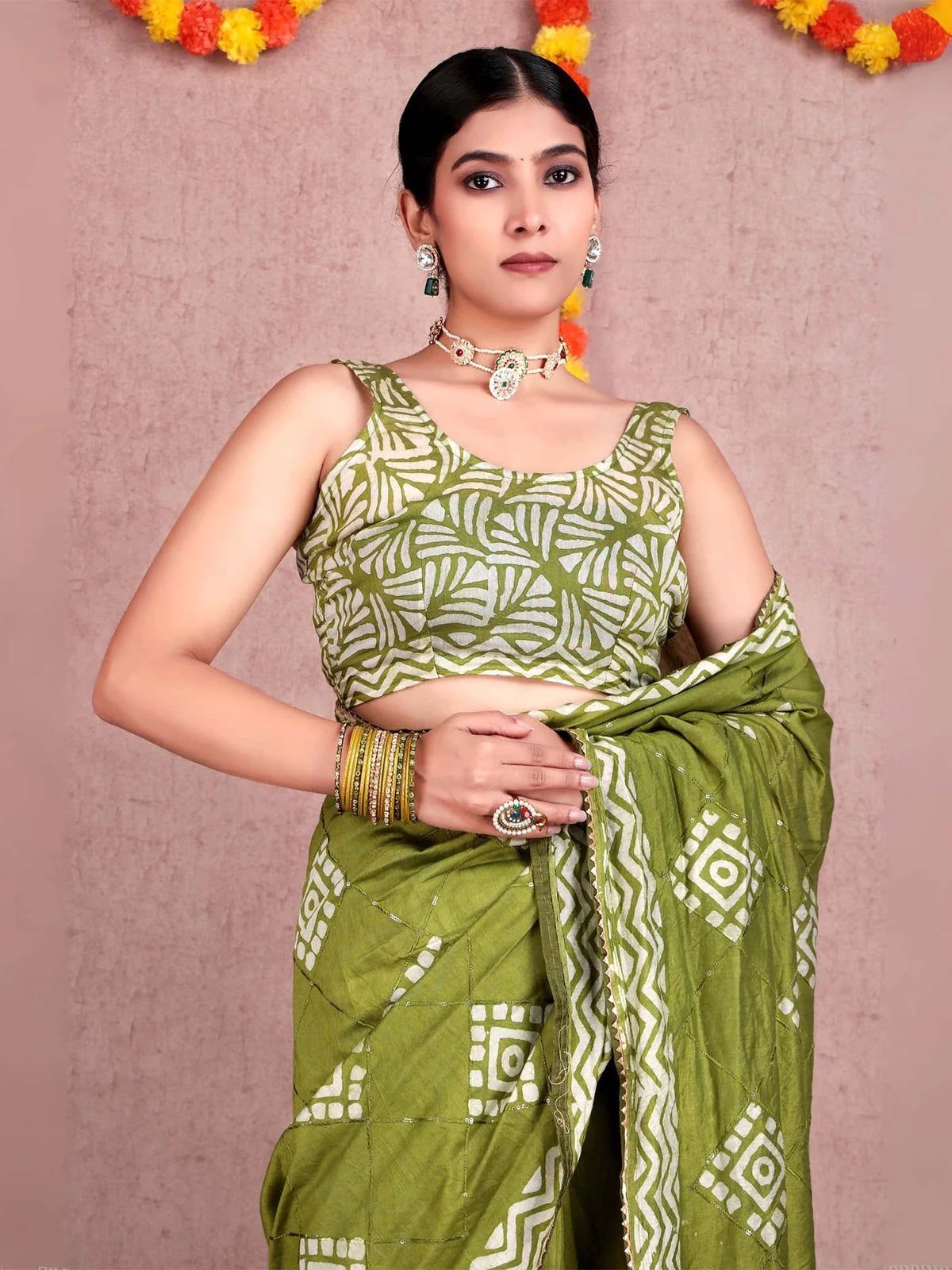 Mehendi Green Batik Print Soft Cotton Saree with Sequin Detail