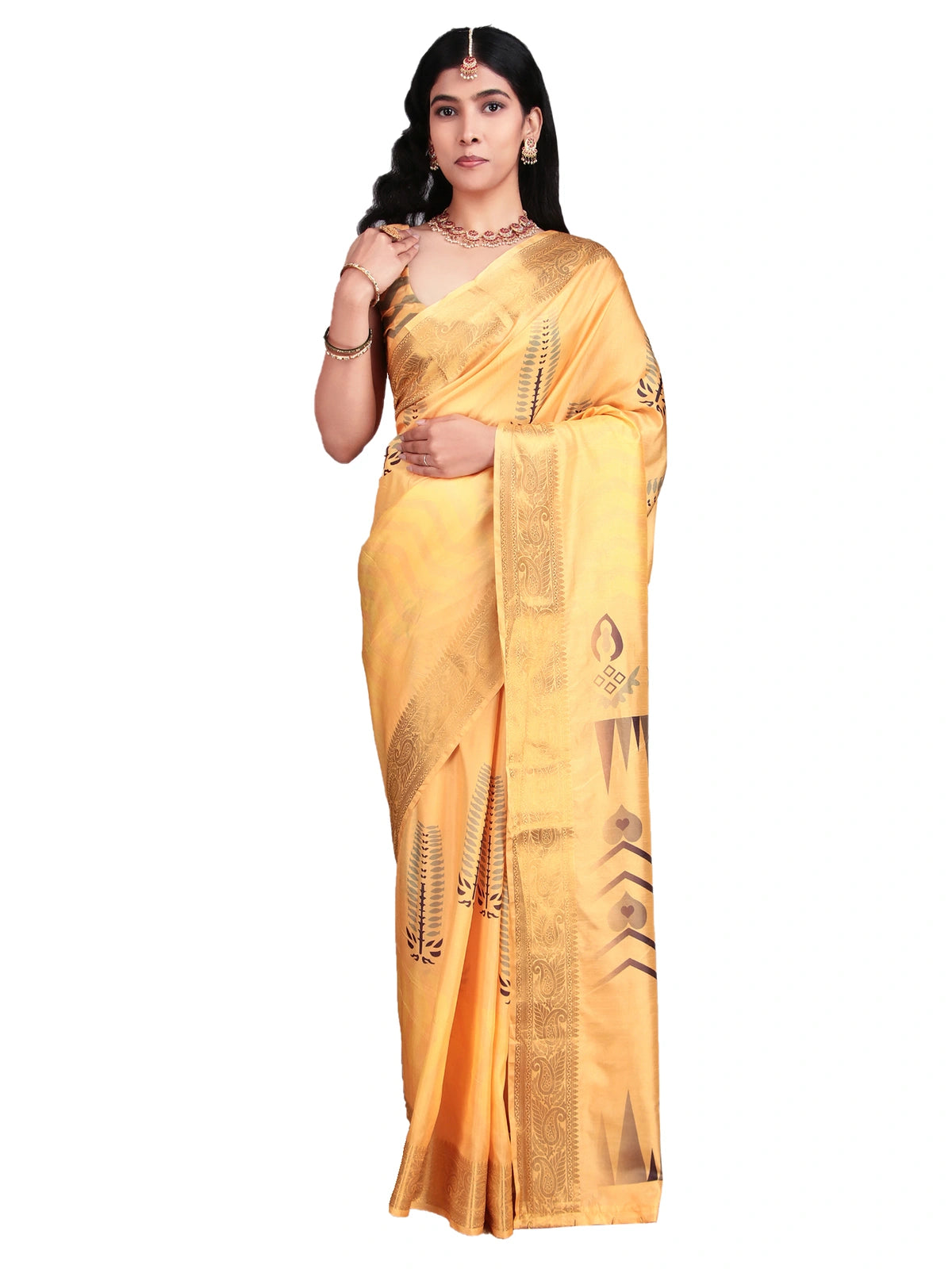 Yellow Kalamkari Digital Print Banarasi Silk Saree with Gold Zari Border