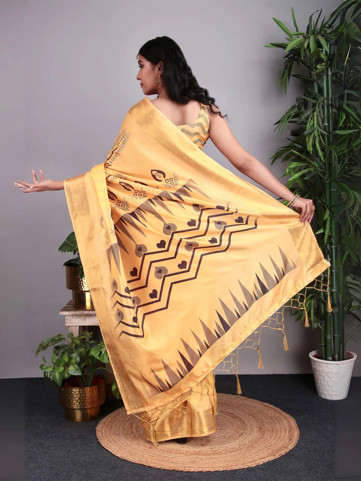 Yellow Kalamkari Digital Print Banarasi Silk Saree with Gold Zari Border