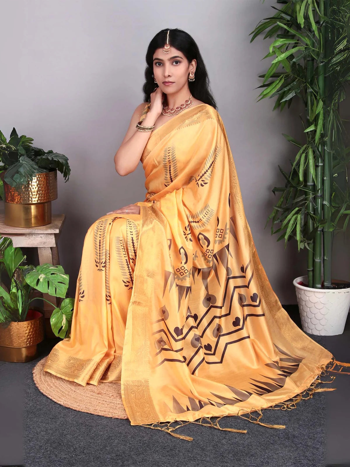 Yellow Kalamkari Digital Print Banarasi Silk Saree with Gold Zari Border