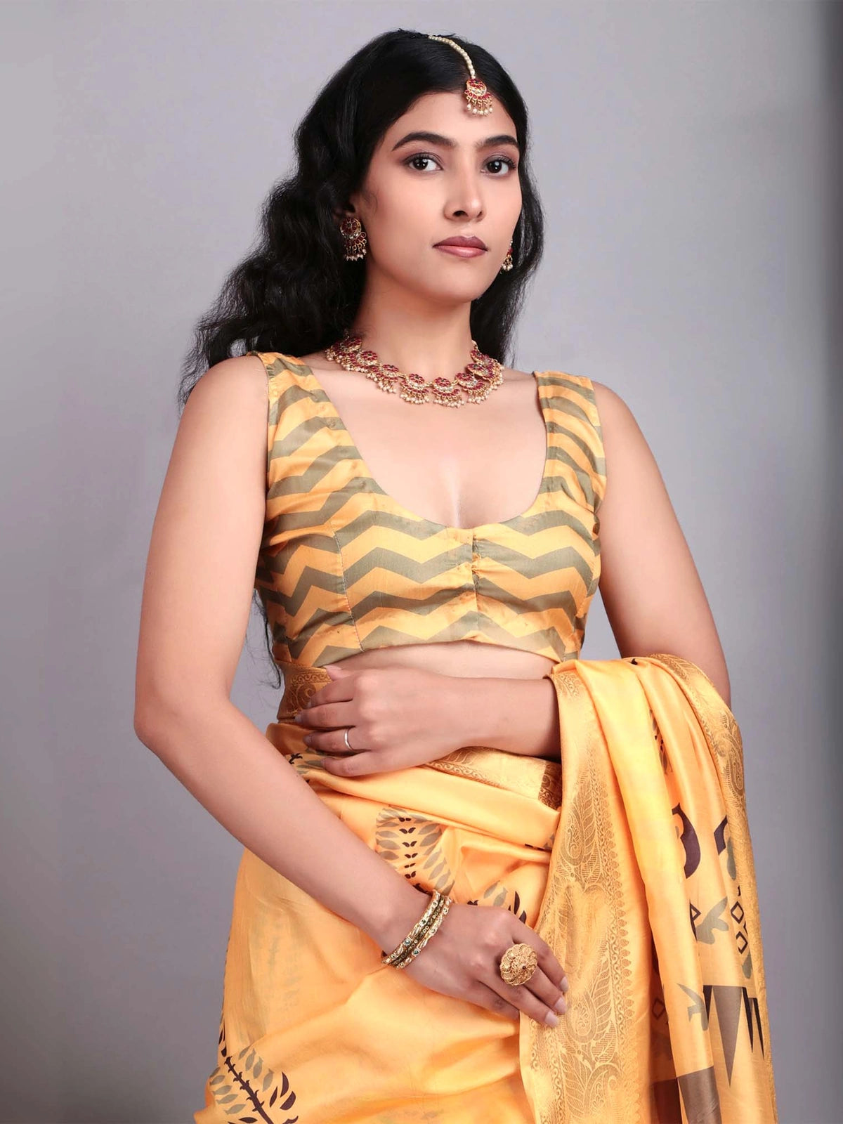 Yellow Kalamkari Digital Print Banarasi Silk Saree with Gold Zari Border