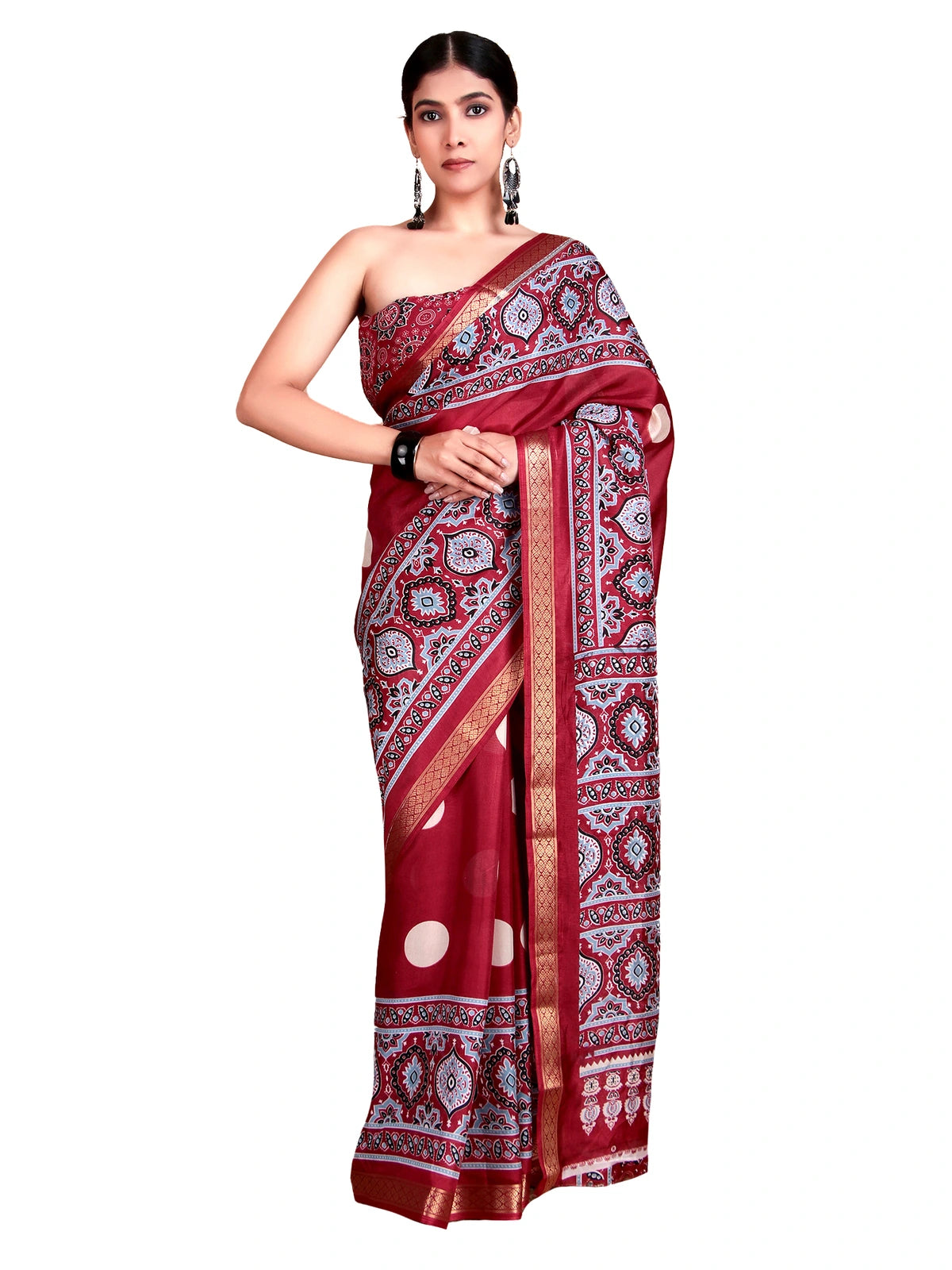 Maroon Ajrakh Polka Printed Pashmina Saree with Blouse Piece