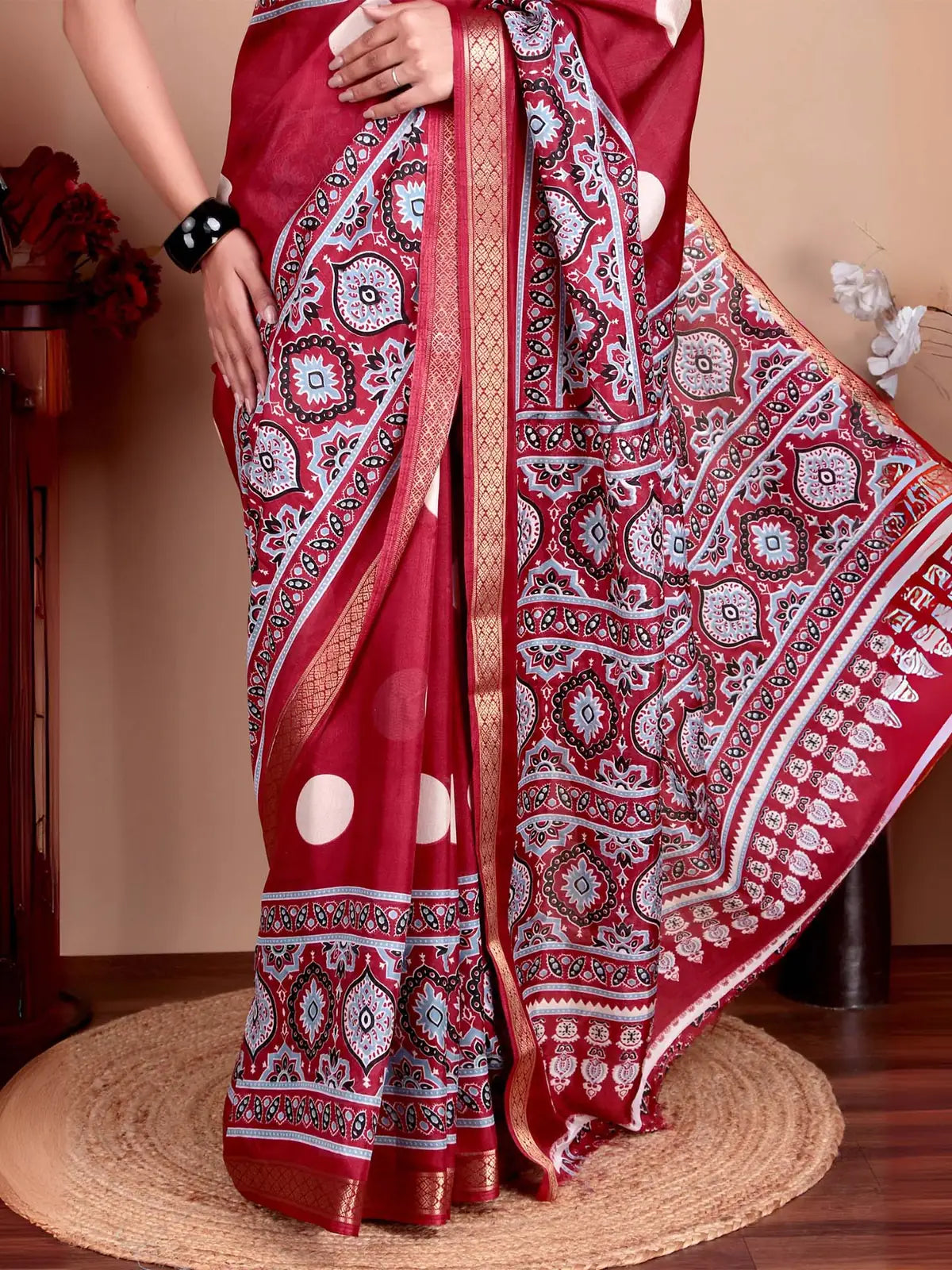 Maroon Ajrakh Polka Printed Pashmina Saree with Blouse Piece