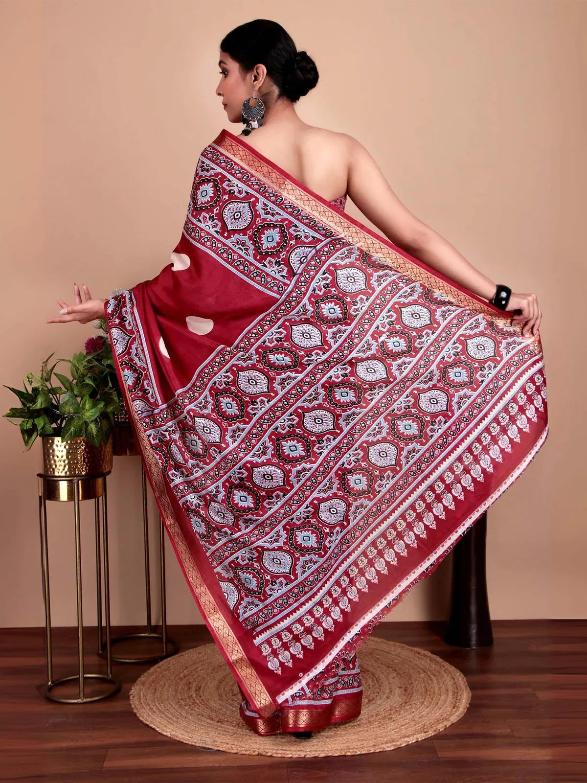 Maroon Ajrakh Polka Printed Pashmina Saree with Blouse Piece