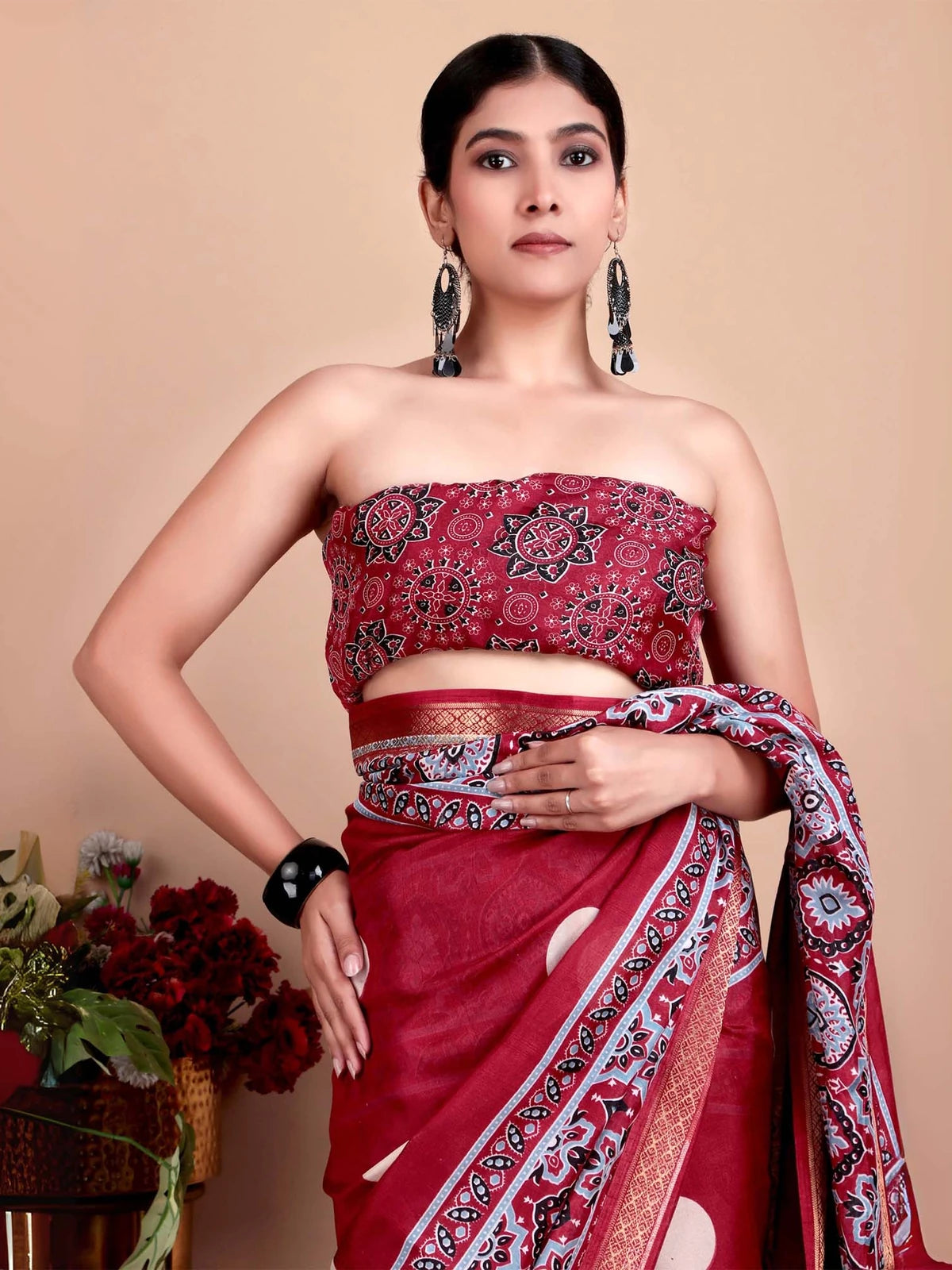 Maroon Ajrakh Polka Printed Pashmina Saree with Blouse Piece