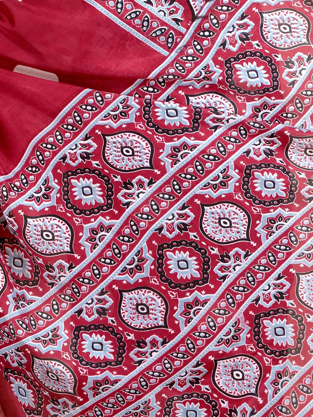 Maroon Ajrakh Polka Printed Pashmina Saree with Blouse Piece