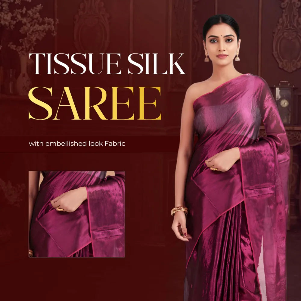 Premium Wine Tissue Silk Saree with Elegant Embellished Look