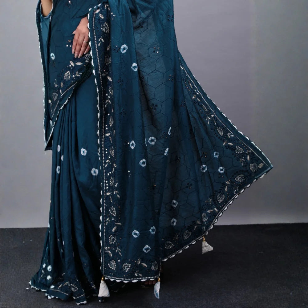 Firoji Soft Cotton Saree with Mirror and Thread Work