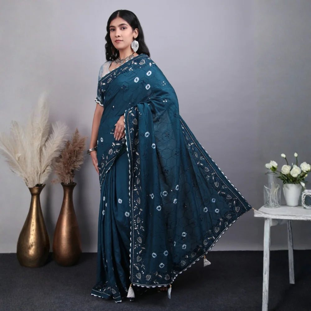 Firoji Soft Cotton Saree with Mirror and Thread Work