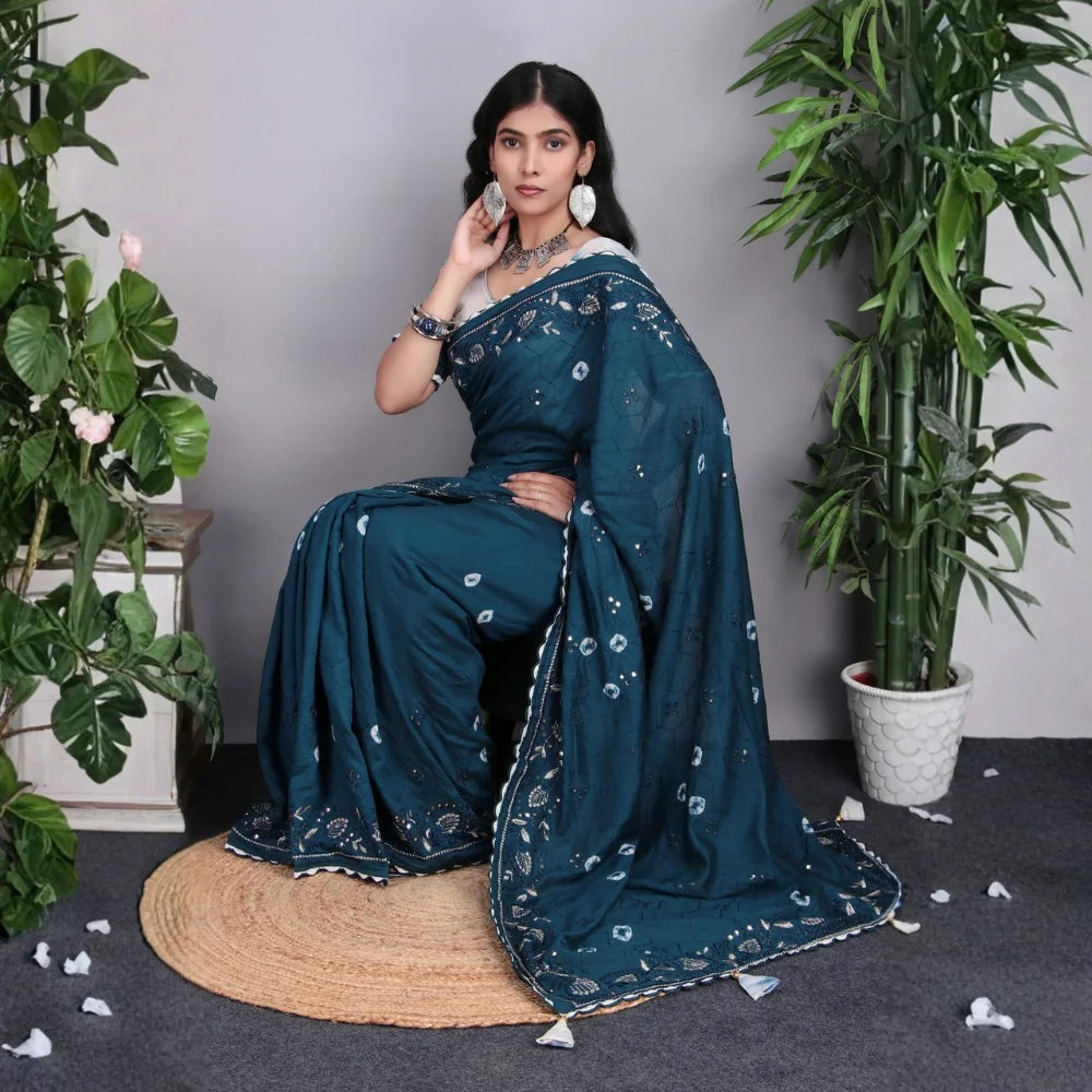 Firoji Soft Cotton Saree with Mirror and Thread Work