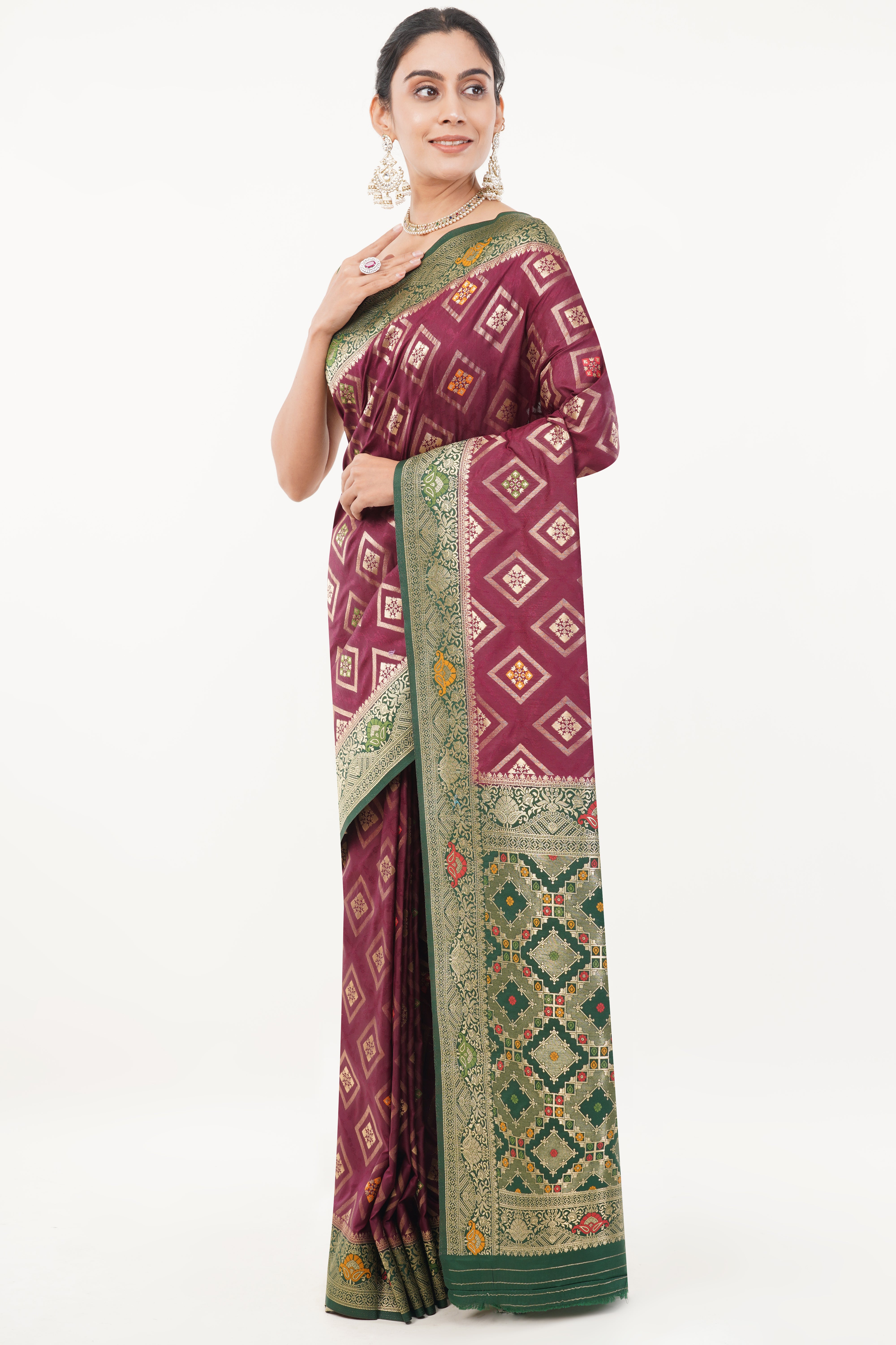 Amabrarambh Deep Maroon Designer Saree for Women – Gold and Green Threadwork Embroidered Saree with Floral & Geometric Motif Border, Rich Traditional Festive